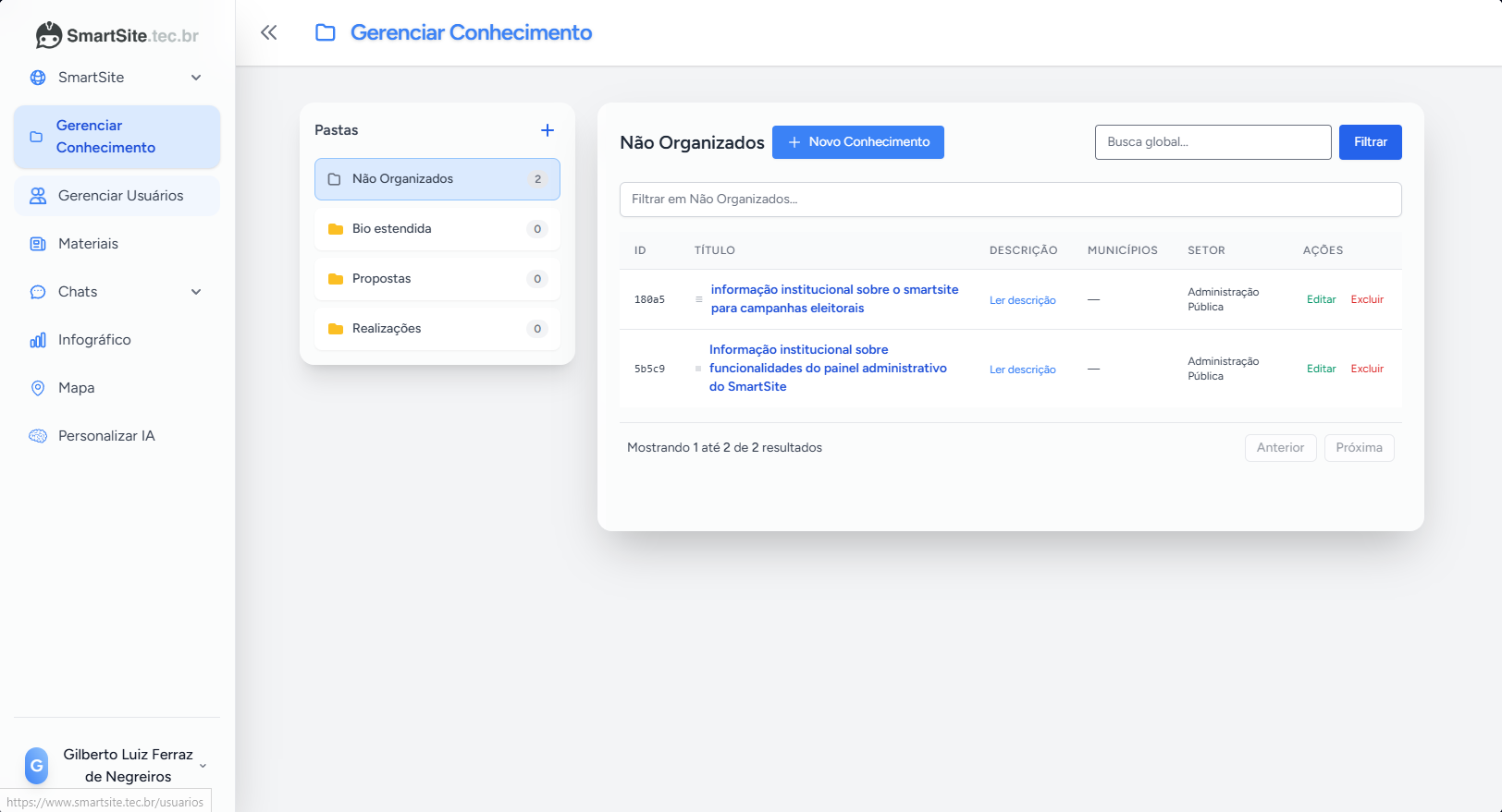 Realizações no SmartSite
